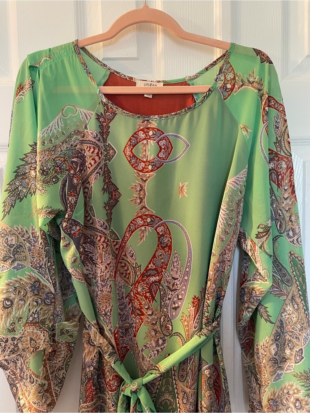 UMGEE GREEN PAISLEY LONG SLEEVE BELTED SHIFT DATE NIGHT VACATION DRESS SZ M - Picture 10 of 14